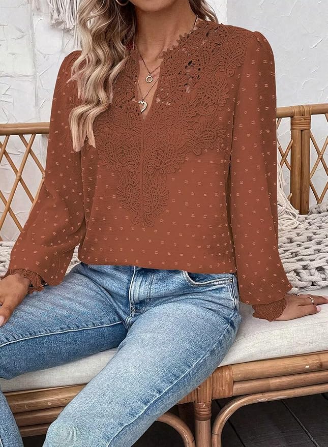 Womens Tops Swiss Dot Boho Long Sleeve Shirts V Neck Casual Chiffon Blouses Flowy Lace Hem Cute Clothing Trendy 2026