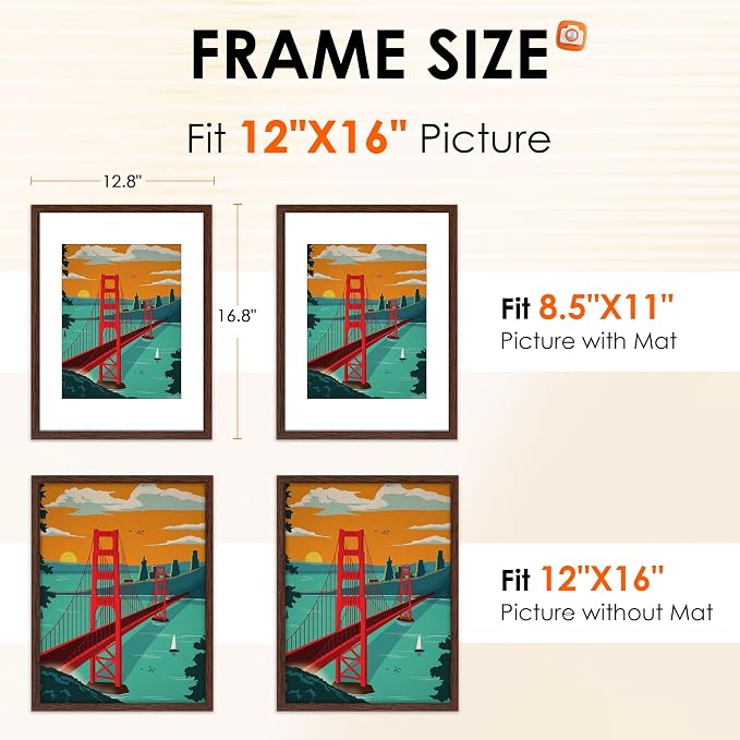 12x16 Picture Frame Brown Set of 2, Photo Frame with HD Plexiglass, Display Pictures 8.5x11 with Mat or 11x17 Without Mat, Brown Picture Frames Collage Wall Decor, Gallary Wall Frame