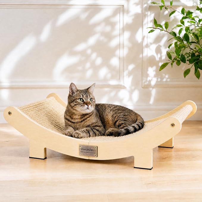 FUKUMARU Extra Large Sisal Cat Scratcher Bed Indoor Sturdy Wood Scratch Bed | 27.4 Inch Large Cat Scratching Bed Scratch Pad, 100% Natural Sisal Cat Hammock, Solid Wood Frame Lounger Chair Sofa
