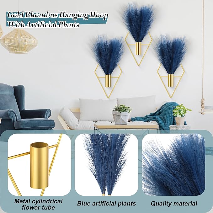 Hanaive 4 Sets Boho Wall Decor Metal Wall Art Hanging Planters with Artificial Pampas Display Modern Home Vase for Bedroom Home Office(Soft,Dark Blue)
