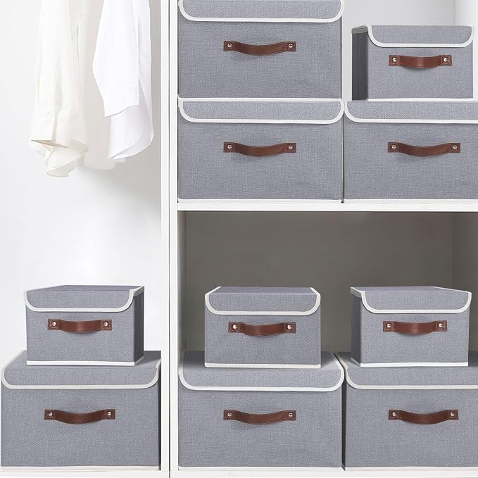 ANMINY Fabric Storage Box Bins with Lids, Gray, 13"x9"x7.9", 2 Pack | Keepsake Memory Storage, Cotton Linen, PP Board Reinforced, Washable, PU Handles, Foldable & Stackable, Decorative, Medium