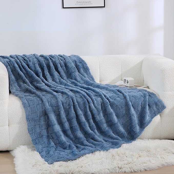 Dusty Blue Fleece Throw Blanket 60”×80”Checkered Design for Couch | Super Soft Cozy Plush Microfiber 3D Square Pattern Flannel Blanket for Sofa Bed Lightweight for Adults,Women