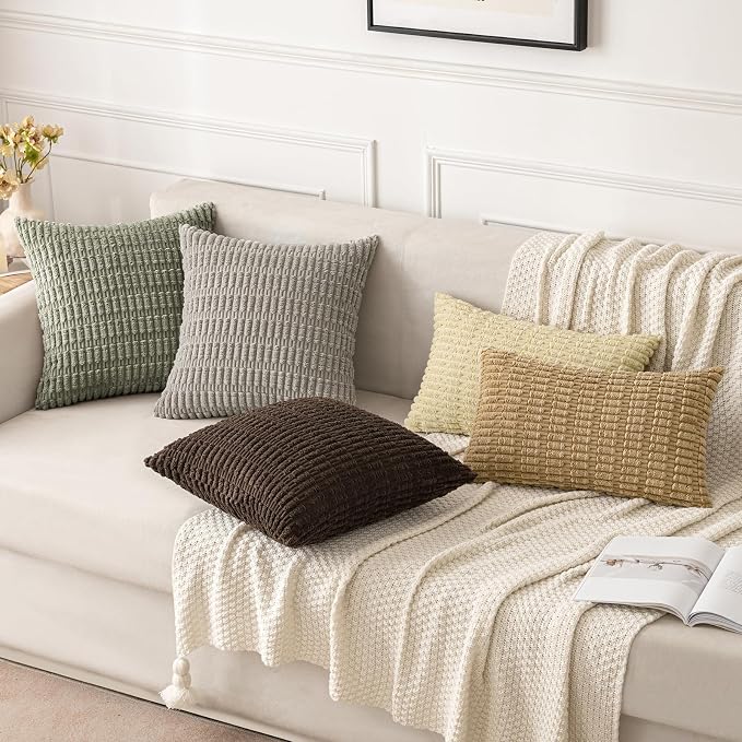 MIULEE Lumbar Corduroy Decorative Throw Pillow Covers 12x20 Light Olive | Green Pack of 2 Soft Boho Striped Pillow Covers Modern Farmhouse Home Decor For Sofa Living Room Couch Bed