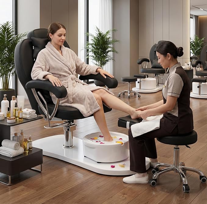 Pedicure Chair No Plumbing with Stool & Foot Bath, 360°Swivel Hydraulic Reclining Pedicure Station with Footrest & Ergonomic Headrest for Nail Tech, Spa, Salon (Black)