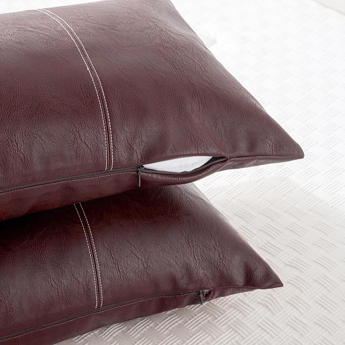Fancy Homi Burgundy Boho Long Lumbar Faux Leather Decorative Throw Pillow Covers 14x36 Inch for Living Room Couch Bed Sofa, Hand Stitched Rectangle Cushion Case, Rustic Modern Farmhouse Home Decor
