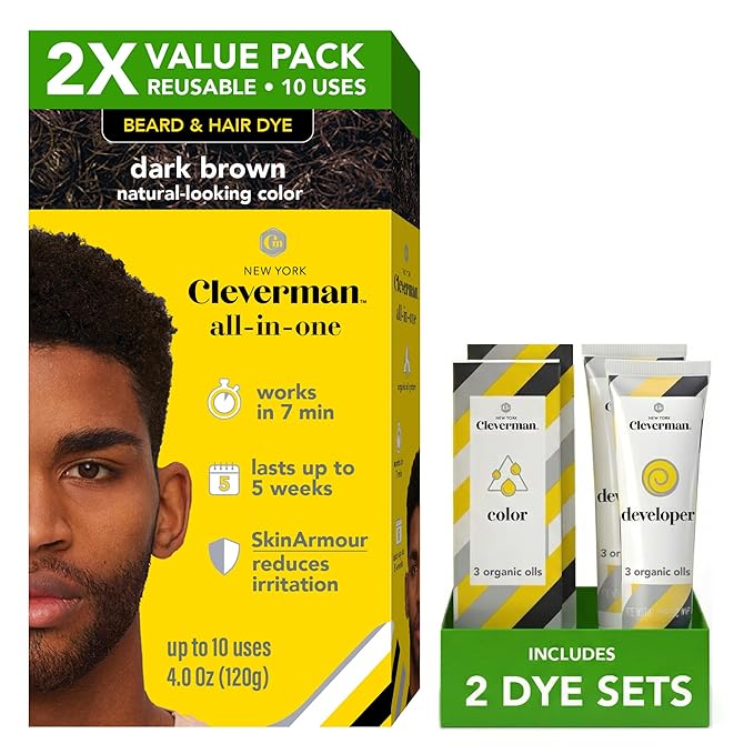 2X Reusable Hair & Beard Dye for Black Men – Dark Brown | Up to 10 Uses, 7 Minutes | Natural Gray Coverage, No-Drip Cream with SkinArmour® – Cleverman