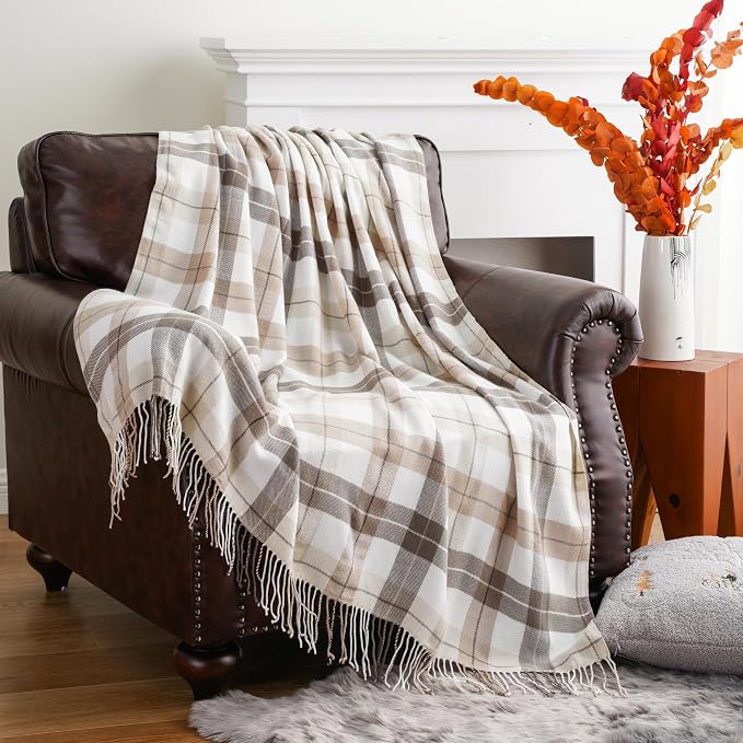 Fall Plaid Throw Blanket for Couch, Farmhouse Throw Blanket 49"x63" | Lightweight Beige Throw Blanket, Super Soft WovenThrow with Tassels, Cozy, Neutral Fall Decor Home Decor