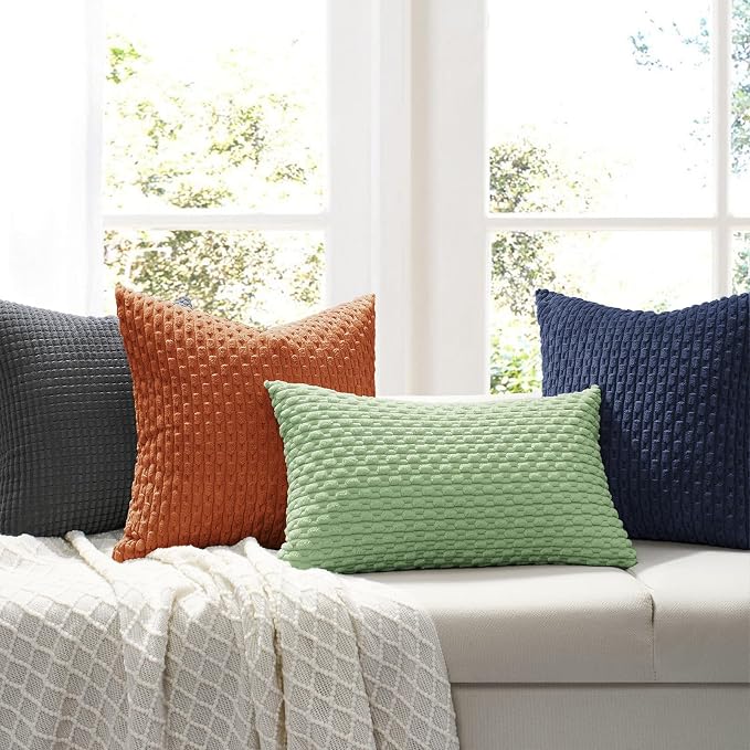 Softalker Corduroy Decorative Throw Pillow Covers 18x18, 2 Pack, Sage Green | Soft Boho Striped Pillow Cases, Couch Fluffy Cushion Covers for Farmhouse Home Decor Bed Living Room