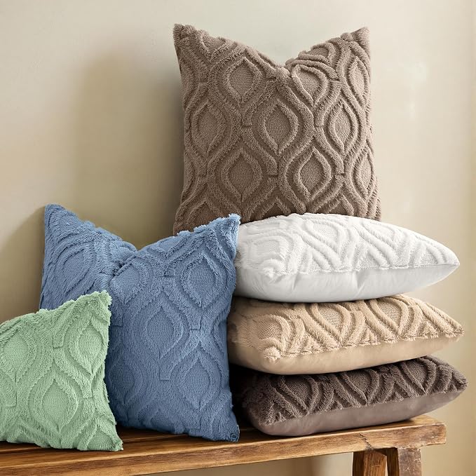 decorUhome Faux Fur Soft Light Brown Throw Pillow Covers 16x16 Set of 2 | Plush Solid Fall Couch Pillow Covers, Accent Modern Farmhouse Neutral Decorative Square Pillow Cases for Sofa Bed Living Room