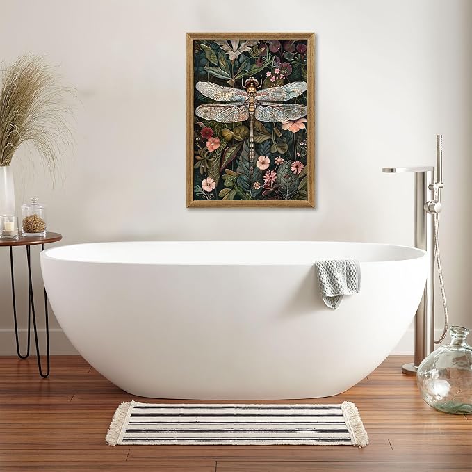 ICHZUMW Framed William Morris Vintage Dragonfly Canvas Wall Art 16x24 In | Dark Green Botanical Prints, Antique Aesthetic Wildflower Wall Decor for Bedroom Living Room Bathroom Office, Ready to Hang