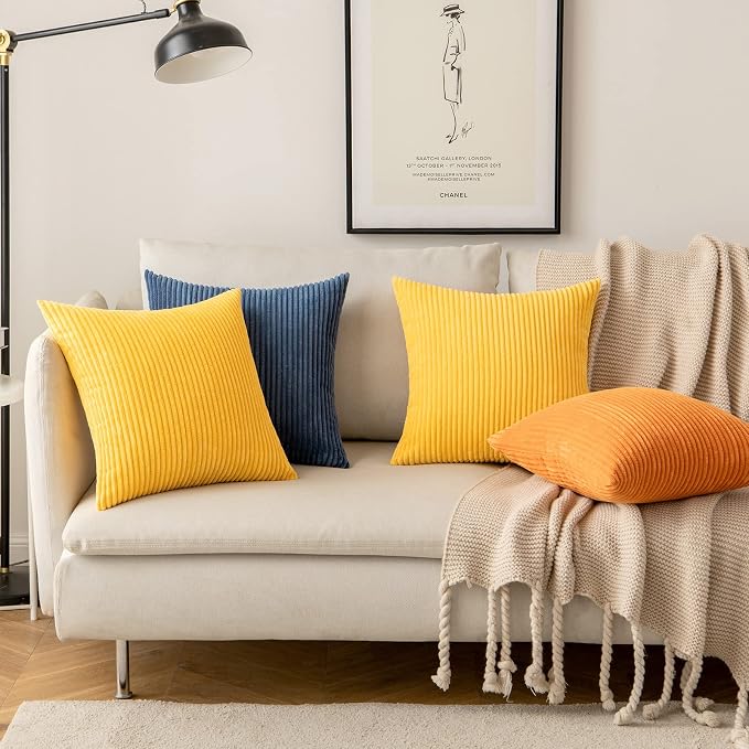 MIULEE Fall Soft Corduroy Throw Pillow Covers Set of 2 18x18 Golden Yellow | Decorative Striped Textured Cushion Cases, Boho Energetic Vibe Pillowcases, Home Decor for Couch Chair Sofa Bed Living Room