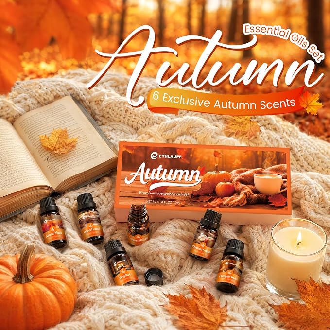 Fragrance Oil Autumn Set,Fall Essential Oils, Pumpkin Spice,Cinnamon & Apple,Fireplace, Autumn Wreath, Warm Flannel, Fall Scents for Diffuser, Candles Making Scent