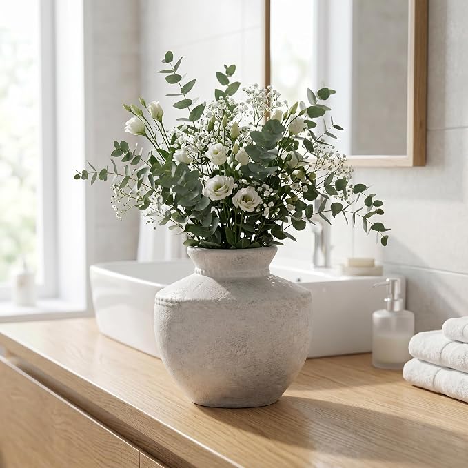 Rustic Farmhouse Vase 6 Inch Small White Ceramic Flower Vases for Home Decor Vintage Pottery Vase for Living Room Bedroom Shelf Office Coffee Table Centerpiece