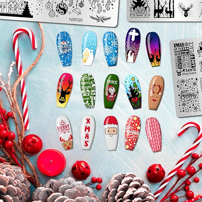 Arbuya Christmas Nail Art Stamping Plates Set of 3 - Winter Sentiment Xmas Greeting Words Snowflakes Stainless Steel Manicure Art Tools for DIY Print Manicure Salon Design Gift Supplies