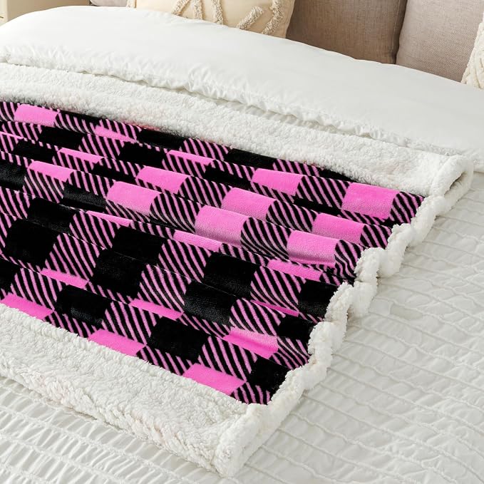 Sherpa Plaid Twin Blanket 60" X 70", Fuzzy Fluffy Soft Cozy Throw Blanket, Twin Size Plush Fleece Flannel Plush Microfiber Blanket for Couch Bed Sofa (Rosepink)