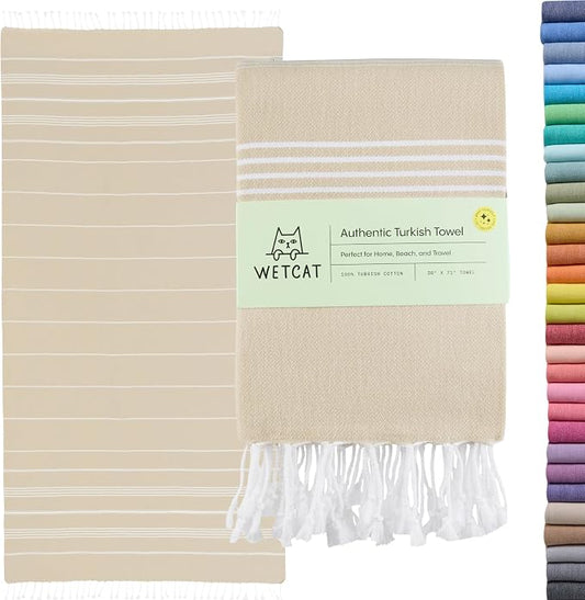 WETCAT Turkish Beach Towel Oversized (38"x71") 100% Turkish Cotton, Made in Turkey - Sand Free, Extra Large, Ultra Soft, Quick Drying, Compact & Lightweight for Travel - Beige