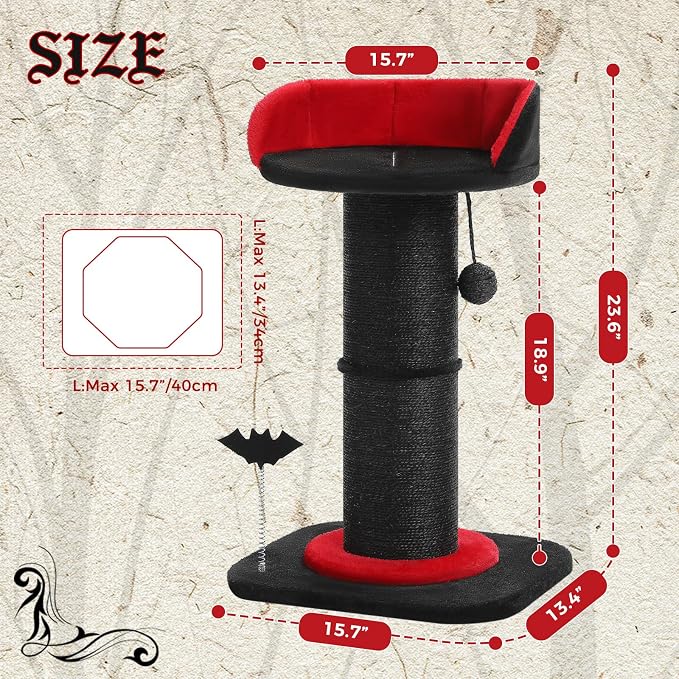 PEQULTI Gothic Cat Scratching Post, Super Thick 5.5in Sisal Post, Black | Small cat & kitten scratcher: removable cat bed, sisal + spring ball, enlarged double base; Gothic black cat tree