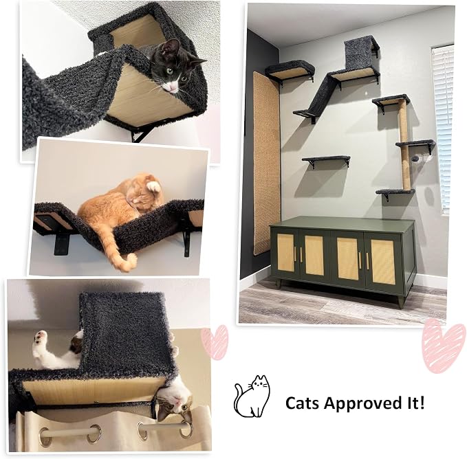 FUKUMARU Cat Wall Shelves, 4 in 1 Set, Grey | Stable & Safe Cat Walls Furniture, Wooden Kitten Climbing Wall with Scratching Post for 16 Inch Drywall