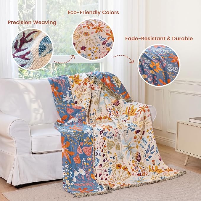 MSGKV Boho Throw Blanket 60"x80" Twin 100% Cotton Floral Blanket for Bed | Twin Size Cotton Throw, Muslin Blanket, Summer Breathable, Farmhouse Decor, Lightweight Comfort, All Season, Machine Washable