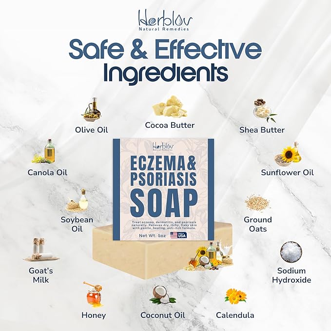 Eczema Soap Bar for Face and Body – All Natural Dermatitis, Psoriasis Treatment for Dry Itchy Sensitive Skin Relief – Gentle Detoxifying, Healing, Anti-Itch, Oatmeal Goat Milk Wash for Kids, & Adults