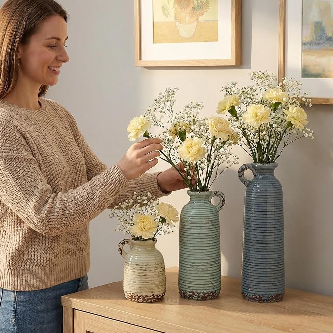 Ceramic Vase Set of 3 with Handles, Blue Neutral Rustic Modern Farmhouse Boho Decor, Versatile as Table Centerpiece or Mantel & Shelf Accent - Unique Home Gift Idea