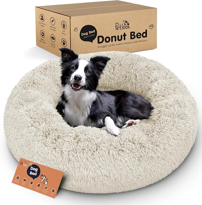 Donut Dog Bed - Premium Comfort for Anxiety Relief - Fluffy & Calming Design with Ultra-Plush Support | Cozy Round Dog Bed with Super Soft Circle Style (Cream, Large)