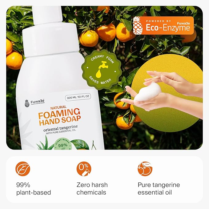 Fuwa3e Pineapple Enzyme Natural Foam Hand Wash Tangerine - 10.1oz 1 Pack - 99% Organic Hand Wash Soap with Fermented Pineapple Peels - Non Toxic Hand Soap Sensitive Skin Safe With Pure Essential Oil