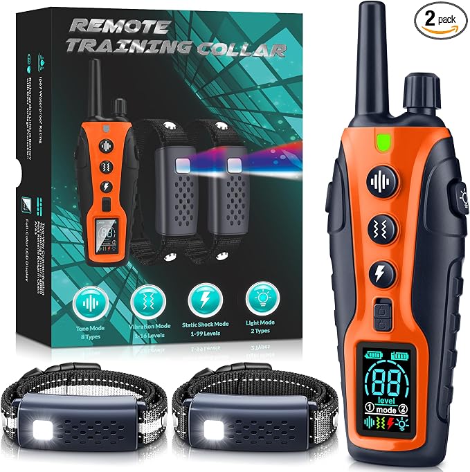 Dog Shock Collar 2 Dogs(15-150lbs) with Flashing Light for Night Walks,4500FT Dog Training Collar Adjustable Pitch Beep(1-8), Vibration(1-16), Safe Shock(1-99), and Keypad Lock