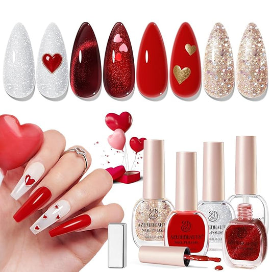 AZUREBEAUTY Red Valentine's Nail Polish Set Quick Dry Silver Glitter Cat Eye 4 Colors Natural Fingernail with Top Coat DIY Salon Home no Gel Women Gifts