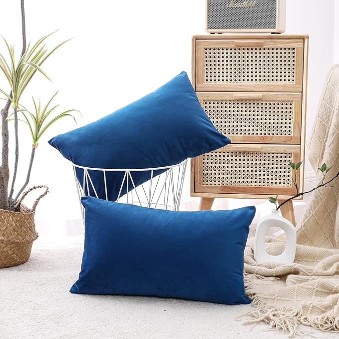 NiNi ALL Blue Velvet Throw Pillow Covers 12x20 Pack of 2 Decorative Couch | Soft Solid Boho Cushion Squar Pillow Cases for Chair Sofa Bedroom Farmhouse Living room Modern Luxury Home Decor Christmas