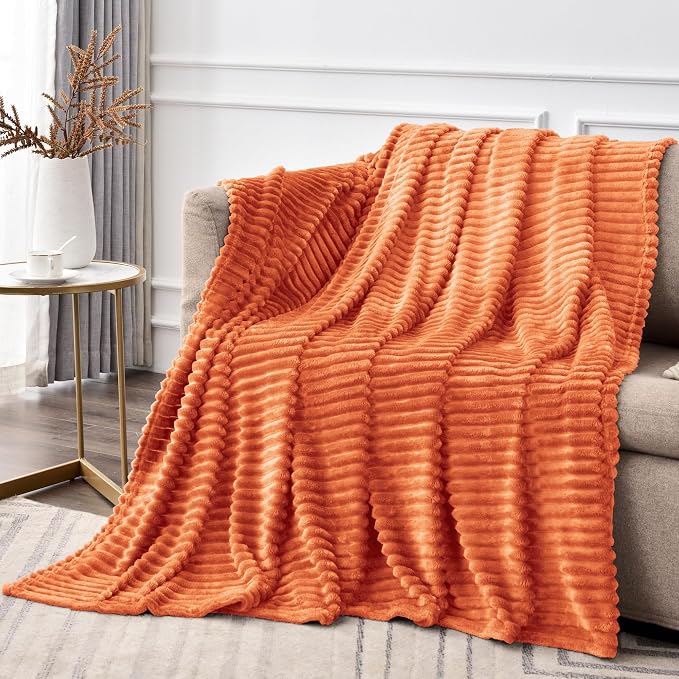 BEDELITE 3D Ribbed Burt Orange Fall Blankets Queen Size for Bed, 90x90 Inch | Soft Warm Decorative Fluffy Blanket, Cozy Fuzzy Lightweight Plush Fleece Throw Blankets for Bed, Room Decor, Gift for Women