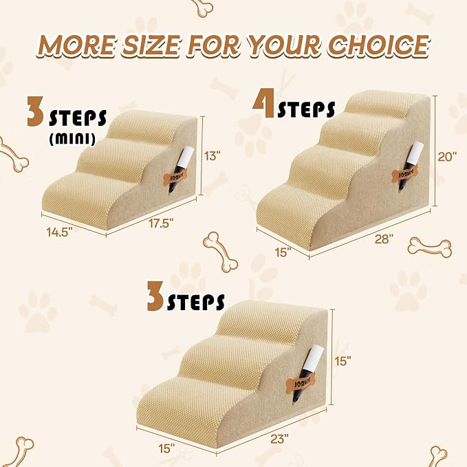 Romrol Dog Stairs Ramp for Beds Couches, Extra Wide Pet Steps with Durable Non-Slip Waterproof Fabric Cover, Dog Slope Stairs for Small Dogs and Cats or Pets Friendly, 3-Tiers, 13 Inch,Beige