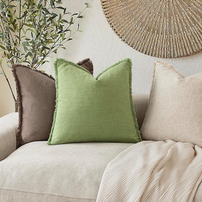 Foindtower Set of 2 Decorative Linen Fringe Throw Pillow Covers Cozy Boho Farmhouse Cushion Cover with Tassels Soft Accent Pillowcase for Couch Sofa Bed Living Room Home Decor,24×24 Inch,Lime Green