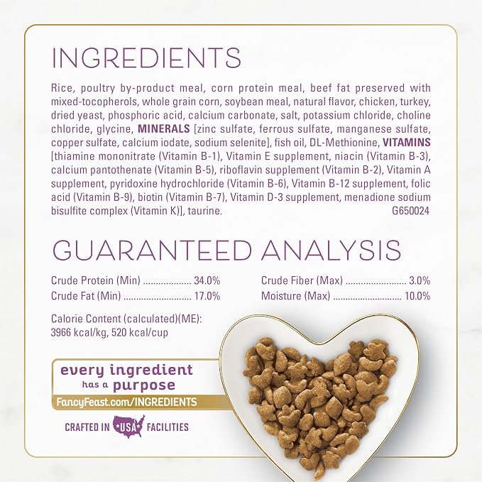 Fancy Feast Purina Farm-Raised Chicken & Turkey Dry Cat Food, 7 lb. Bag | Crisp morsels for a crunchy texture that cats love, 100 percent complete and balanced nutrition for all life stages