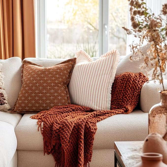 Throw Pillow Covers 26x26 Set of 2 Striped Pillow Covers with Fringe Chic Cotton Decorative Pillows Square Cushion Covers for Sofa Couch Bed Living Room Farmhouse Decor