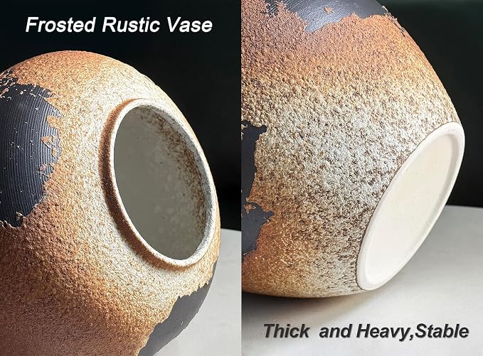 GeLive Round Ceramic Vase Brown Rustic Textured Moon Jar Table Centerpiece Pottery Vase Decorative Planter Pot Flower Container for Fresh Dried Plants Home Decor Kitchen Utensil Holder