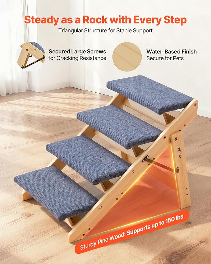 VEVOR Wood Pet Stairs, 4-Step Dog Stairs for Beds, Sofa & Cars, Floded Flat | For Small Medium Large Older Pet Puppy Essentials, 150lbs Load Capacity, Stable & Sturdy Cat & Dog Step Ladder, Non-Slip
