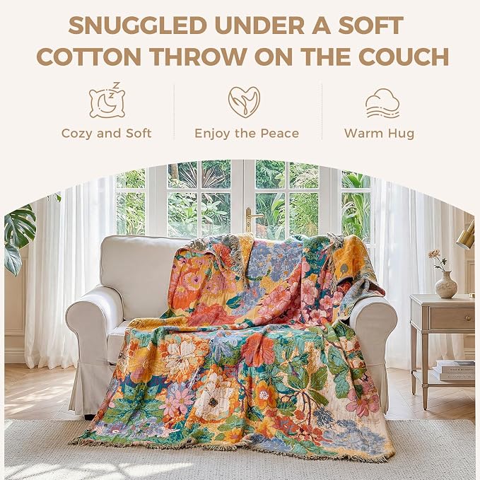 LUTBM Boho Throw Blanket for Bed 60"x80", All Season Cotton Couch Blankets | Reversible Watercolor Floral, Muslin Twin Quilt, For Chair Sofa Living Room, Lightweight & Breathable Gauze, Home Decor Gift