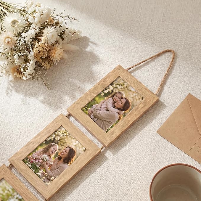 QUTREY 5x7 Collage Picture Frames, 6 Openings Hanging Photo Frame Set Display Vertical 5 by 7 inch Pictures for Wall Decor, Natural Wood, 2 Pack