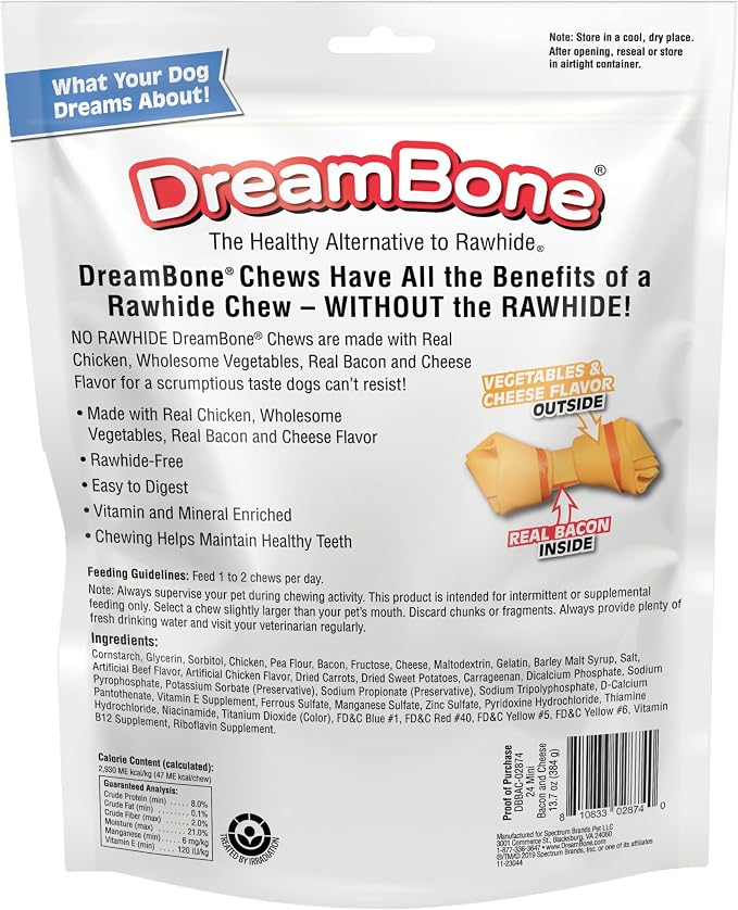 DreamBone Mini Bones Bacon & Cheese Rawhide-Free Dog Treats, 24 Count | Daily Chew, Digests Safely and Completely, Made With Real Protein, Chicken and Veggies, Bacon & Cheese Flavor, For Adult Dogs