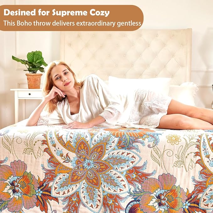VANJOROY Boho Throw Blanket, 100% Organic Cotton Breathable Skin-Friendly Ultra Soft Bed Quilt Throw - All Season Floral Bird Farmhouse Décor Luxury Blanket for Sofa Couch Chair and Gift. 60" x 80"