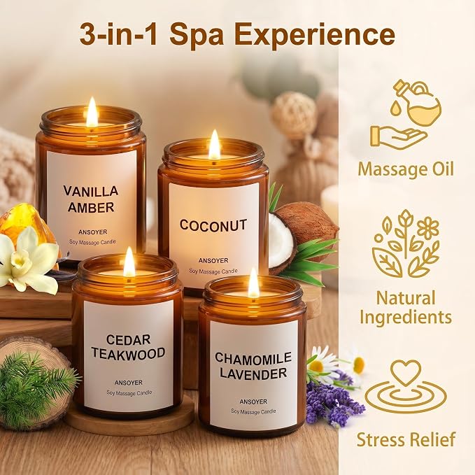Massage Candles, 4PCS, Vanilla Amber/Coconut/Cedar Teakwood/Chamomile Lavender