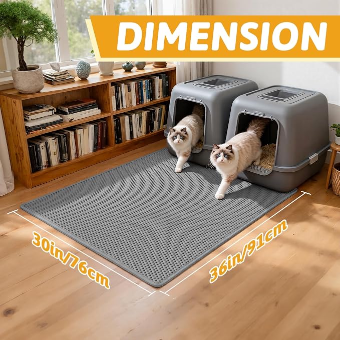 Pieviev Cat Litter Mat, Double-Layer Waterproof Litter Trap, 36" x 30" Gray | Honeycomb Design Catches Scattered Particles to Stop Tracking, Urineproof Base Protects Floors, Easy to Clean