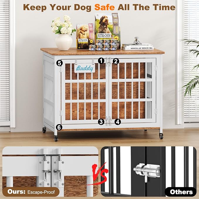 EasyCom 41"/33"/27" L Heavy Duty Dog Crate Furniture with Name Tag, Dog Kennel Indoor for Medium Dogs, Double-Doors Sturdy Metal Dog Cage for Anxiety Dog, Decorate House as TV Stand, End Table