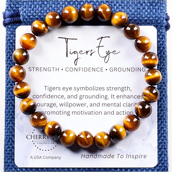 Cherry Tree Collection – Handmade Crystal Bracelets with Black Obsidian, Tiger’s Eye and 6 Other Gemstones for Men & Women – 8mm Beaded Bracelet for Healing, Protection & Positive Energy–Sizes S/M/L