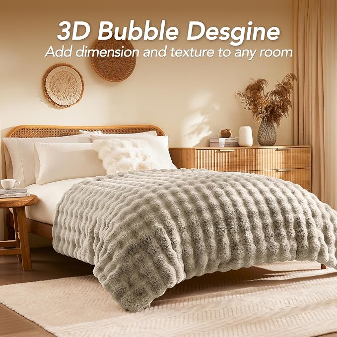 L'AGRATY Faux Rabbit Fur Throw Blanket for Couch, 90'' x 90'', Castle Grey | Soft Cozy Bubble Fluffy Blanket for Sofa Bed, Thick Warm Plush Fuzzy Throw for Room Home Decor, Luxury Gift for Women Mom