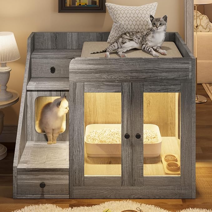 Cat Litter Box Enclosure with Light, Hidden Litter Box Furniture with 2 Storage Drawers & Smart Doors, Cat House Side Table for Living Room Entryway (Grey)