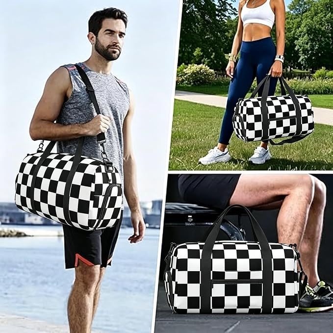 Fiokroo Sports Gym Bag Black And White Checkered Travel Duffel Bag For Men Women With Shoe Compartment Water Resistant Gym Bag Carry On Duffel Bag For Weekend Traveling Yoga Gym Sports