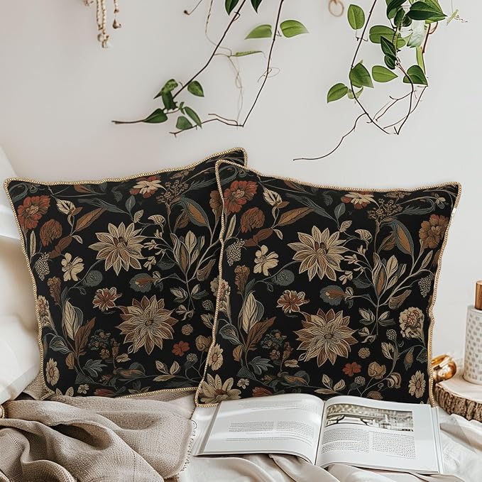 KSLIDS Vintage Floral Brown Black Soft Velvet Throw Pillow Covers Set of 2 Retro Boho Flower Leaves Decorative Pillow Covers 20x20 Inch Bohemian Pillow Case for Sofa Couch Farmhouse Home Decor
