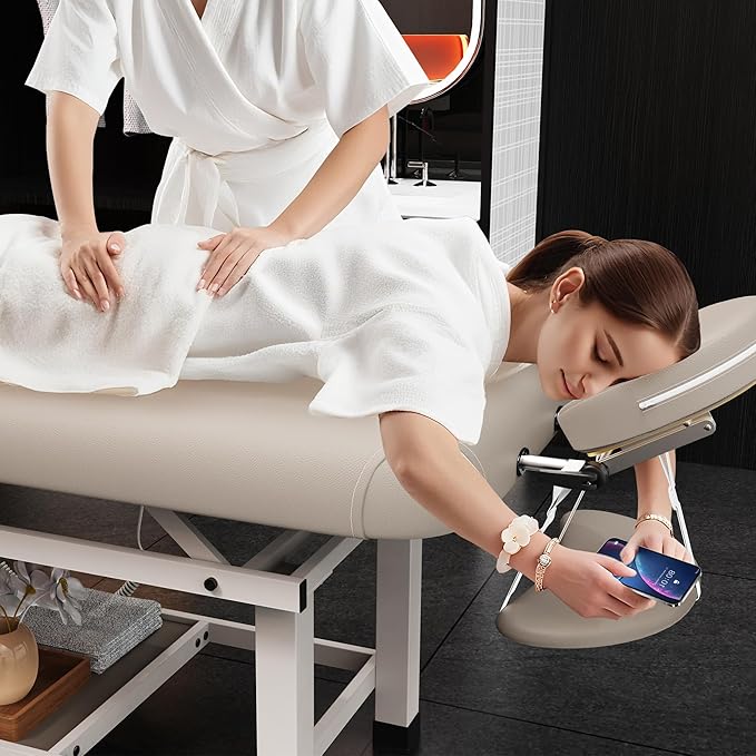 pouseayar Heavy Duty Electric Stationary Massage Table with Heating Function, Backrest Adjustable and Storage Space for Treatment/Medical Spa/Facial/Beauty/Massage Bed - 30 x 75 - Beige Gray
